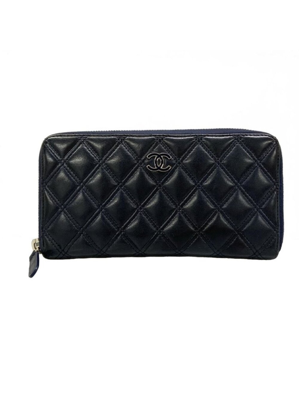 Chanel Wallet Bicolor Black Navy Silver CC Logo Zip Around Lambskin